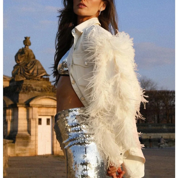 David Koma Ostrich Feather Oversized Denim Jacket Dress Bridal bachelorette - Picture 15 of 16